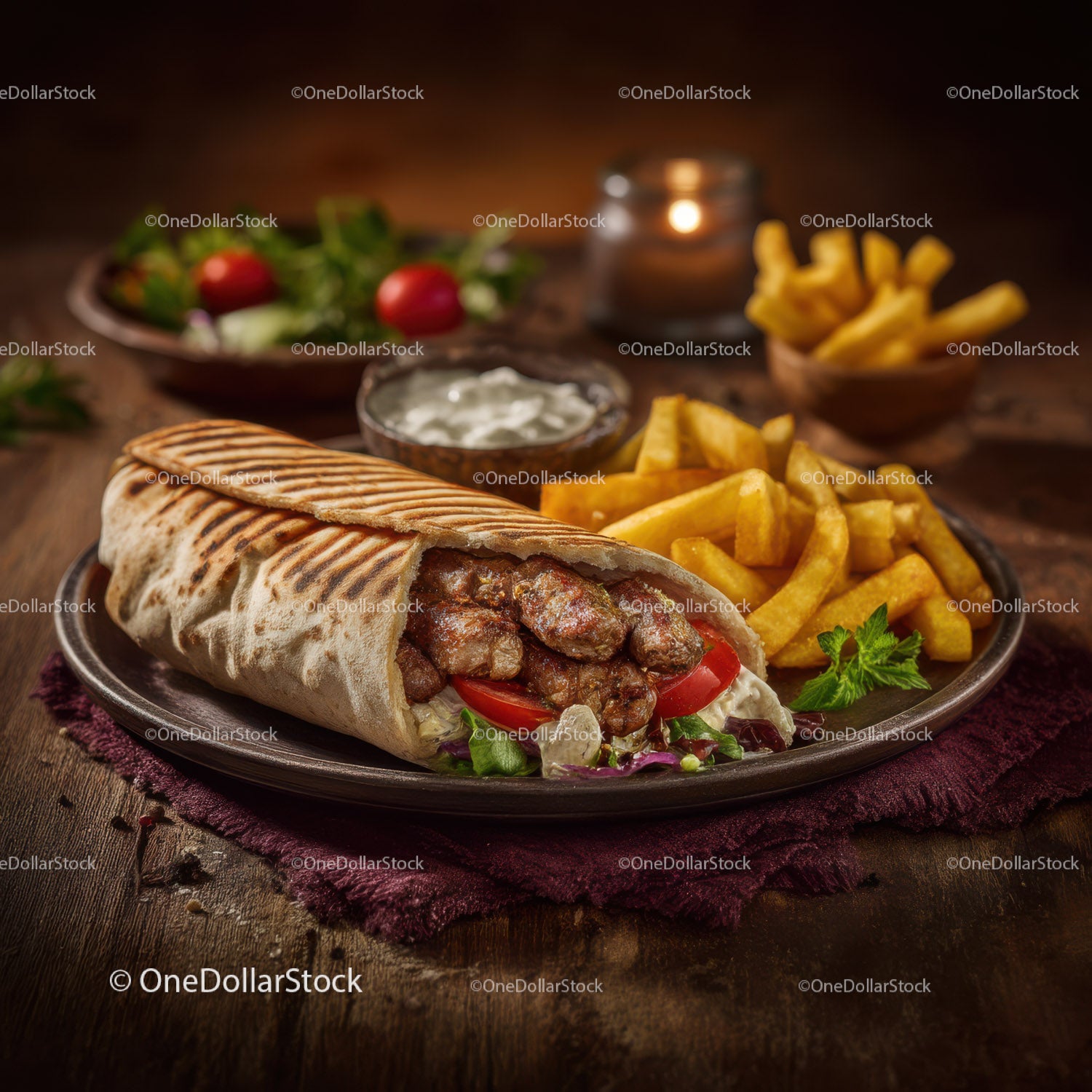 Delicious Beef Shawarma Wrap with French Fries and Fresh Salad