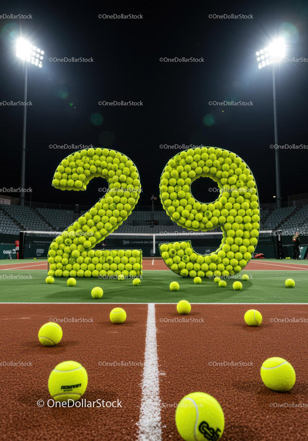 Night tennis court with large tennis ball numbers 29