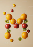 Fresh assorted fruits floating on beige background