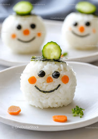 Playful Snowman Rice Ball with Veggie Garnishes and Cute Faces