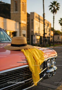 Vintage Pink Car with Straw Hat and Yellow Dress Fabric in Sunset