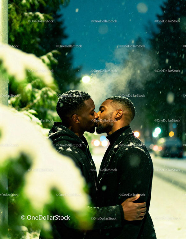 Couple sharing a tender kiss on snowy winter night