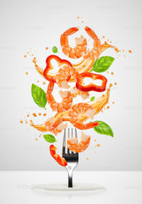 Fresh shrimp and vegetables splashing from a fork
