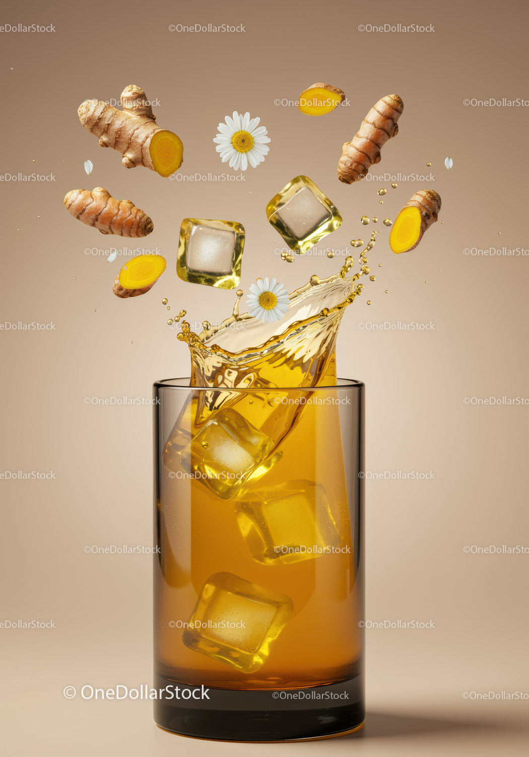 Refreshing turmeric iced tea with chamomile flowers splash
