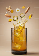 Refreshing turmeric iced tea with chamomile flowers splash