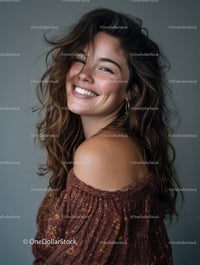 Joyful Woman with Long Wavy Hair Wearing Casual Top