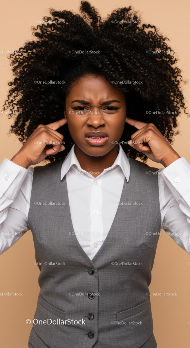 Frustrated Woman Covering Ears with Annoyed Expression
