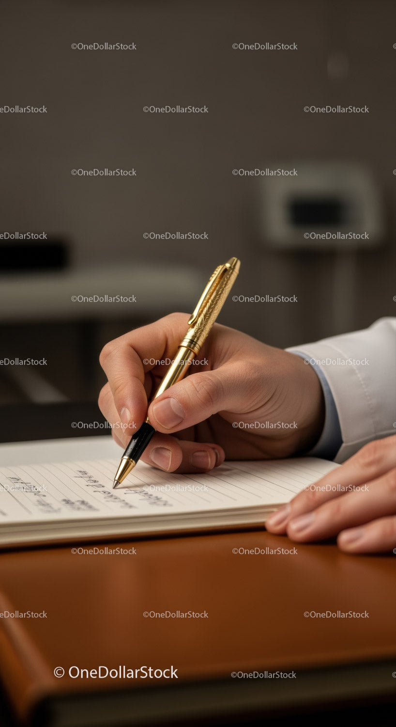Businessman Writing in Notebook with Gold Pen in Office Environment