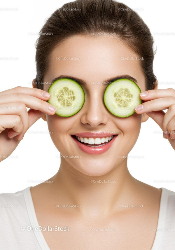 Happy Woman with Cucumber Slices Over Eyes for Skincare Relaxation