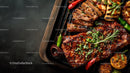 Barbecue Ribs with Spicy Sauce and Roasted Garlic on Black Serving Tray