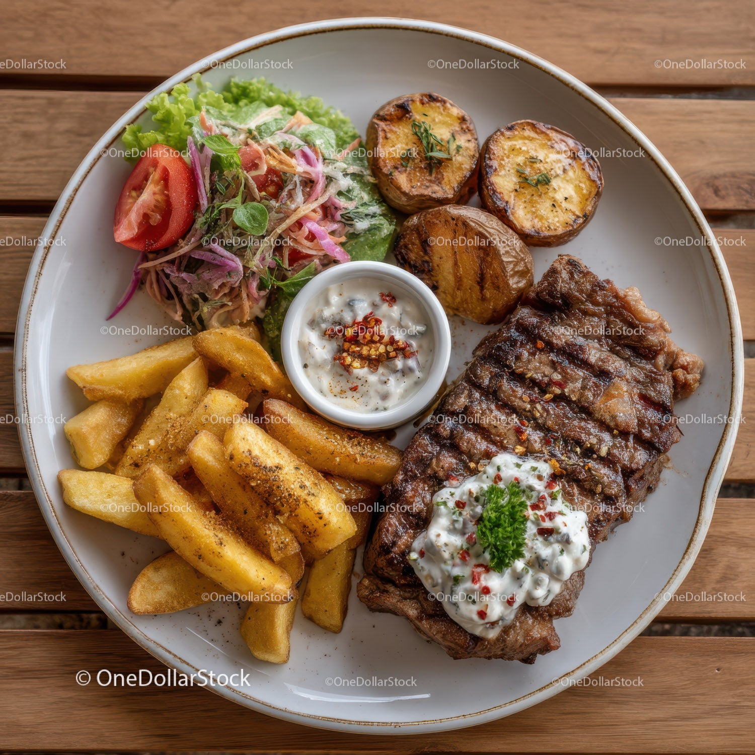 Soczysty grillowany stek z chrupiącymi frytkami i świeżą sałatką