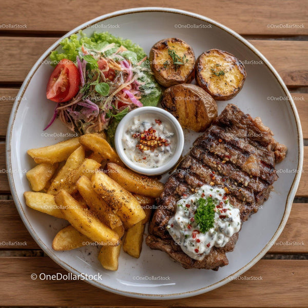 Juicy Grilled Steak with Crispy Fries and Fresh Salad Plate