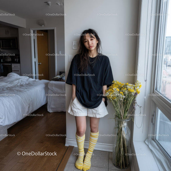 Young Woman in Casual Outfit Standing Near Window with Flowers
