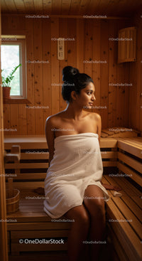 Serene Woman Relaxing in Wooden Sauna Room with Towel