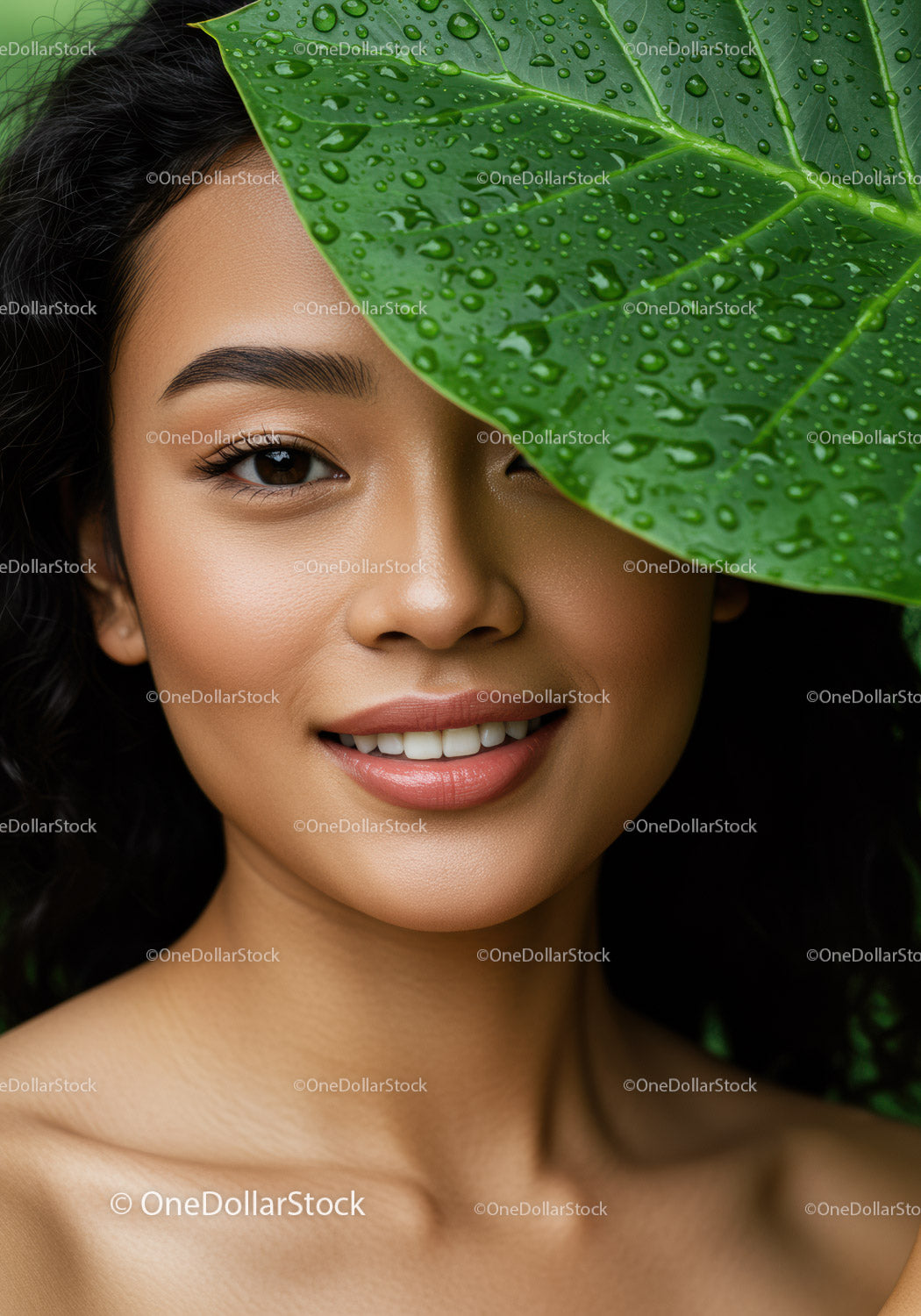 Smiling Woman with Green Leaf and Water Droplets in Natural Lighting