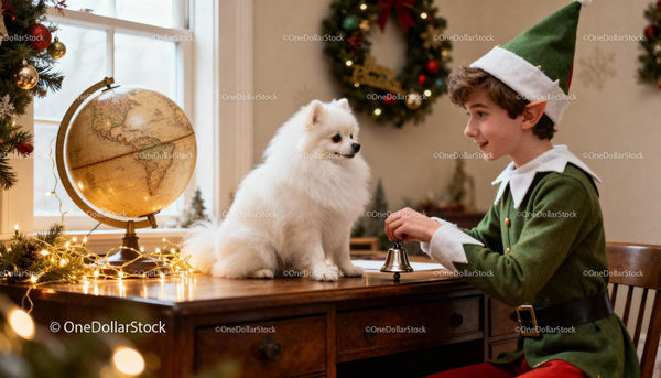 Boy dressed as elf ringing bell to white dog indoors
