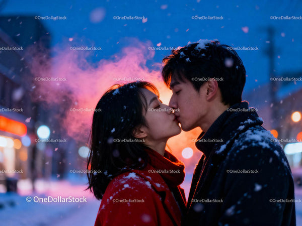 Couple Sharing a Tender Kiss in Snowy Evening Glow