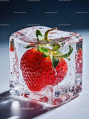 Fresh strawberry encased in a clear ice cube