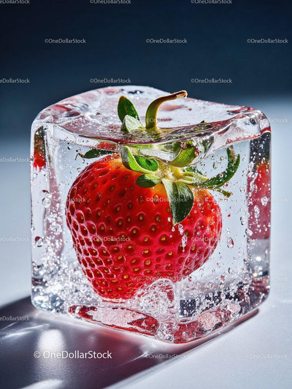 Fresh strawberry encased in a clear ice cube