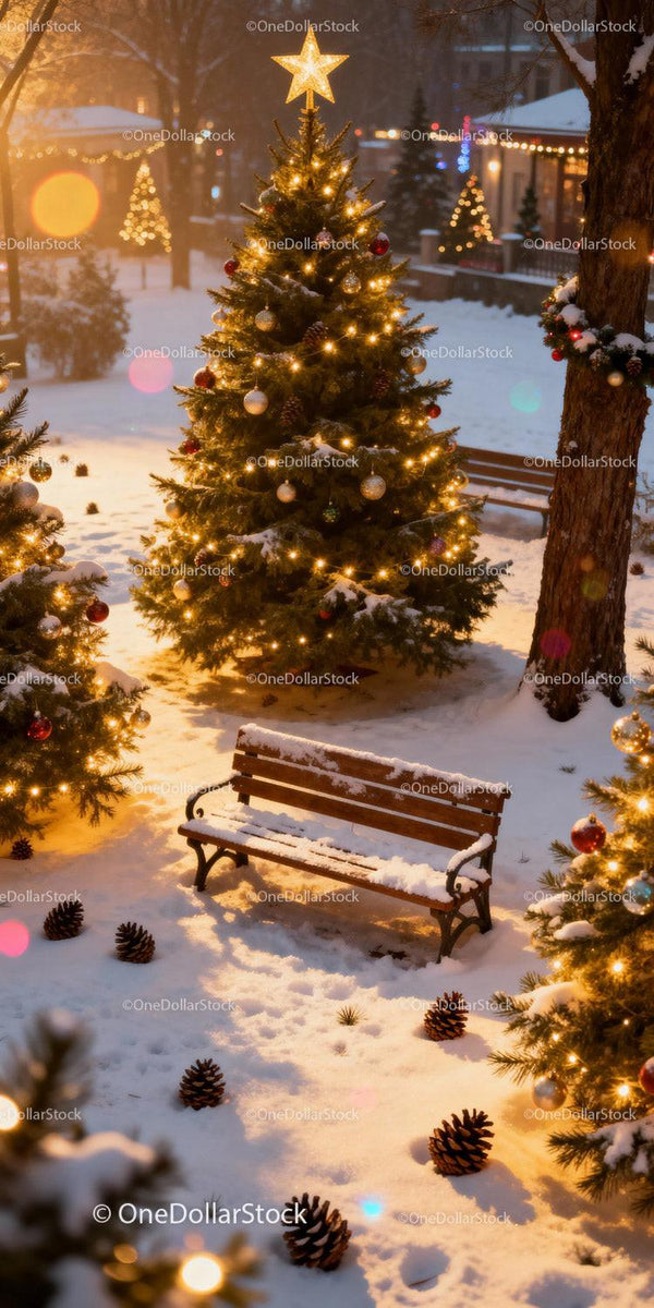 Snowy Park with Christmas Trees and Festive Lights