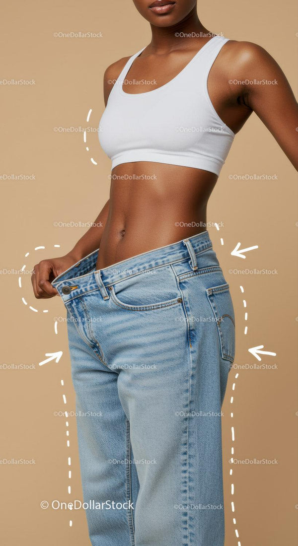 Modna kobieta w białym sportowym biustonoszu i dżinsach plus size