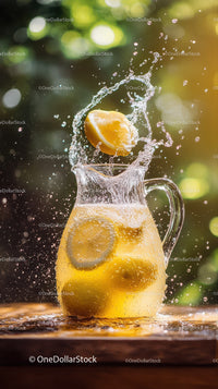 Fresh Lemonade with Sliced Lemons in a Glass Pitcher on Rustic Wooden Surface
