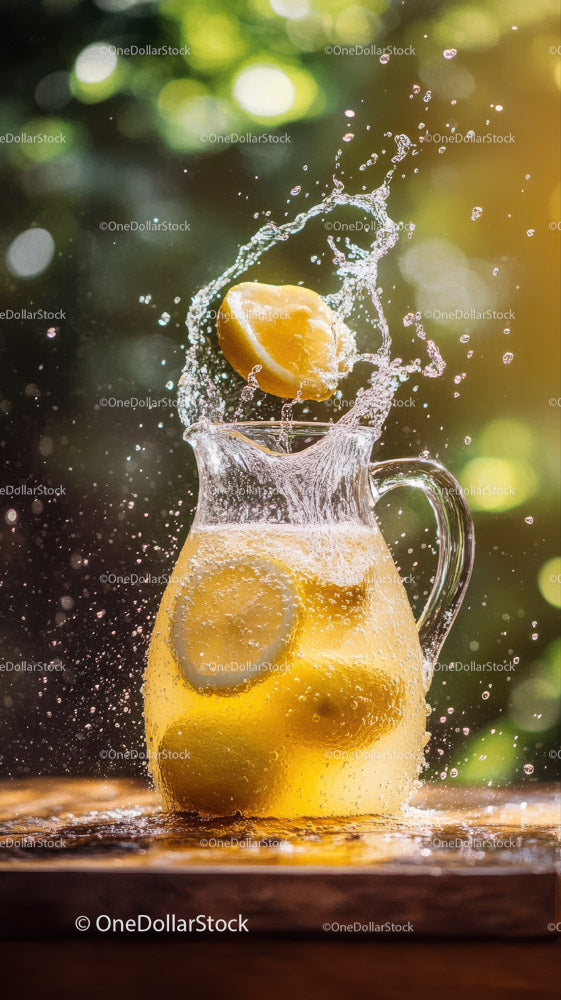 Fresh Lemonade with Sliced Lemons in a Glass Pitcher on Rustic Wooden Surface