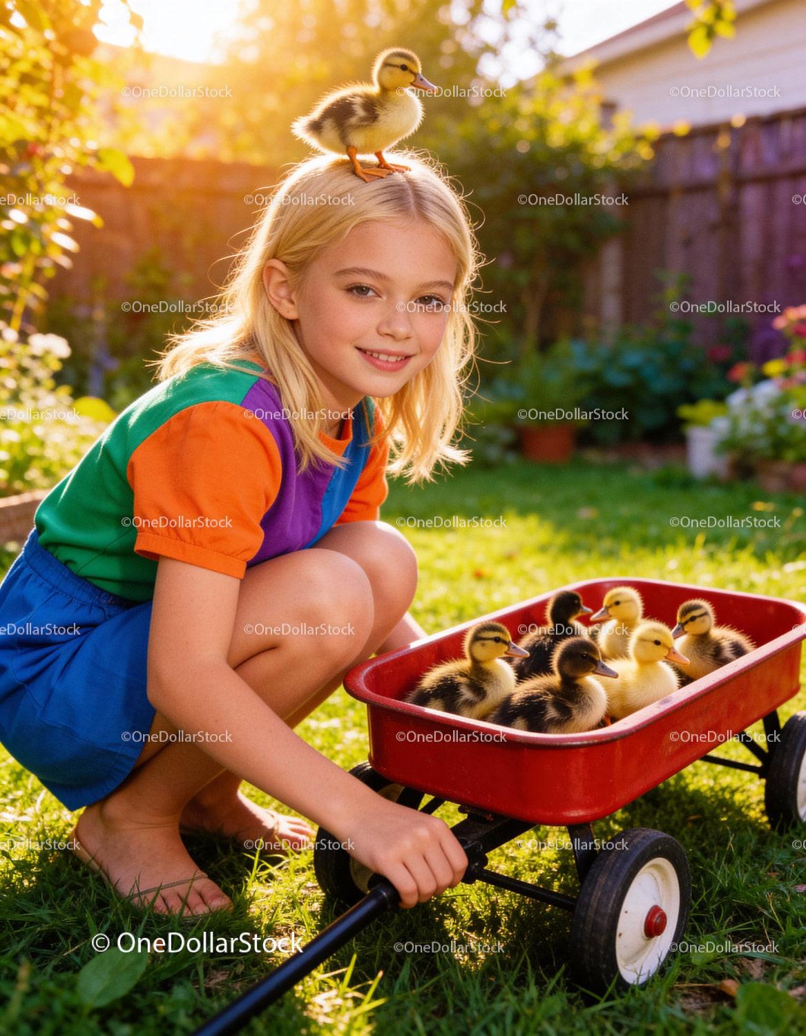 Child playing with ducklings in a sunny garden