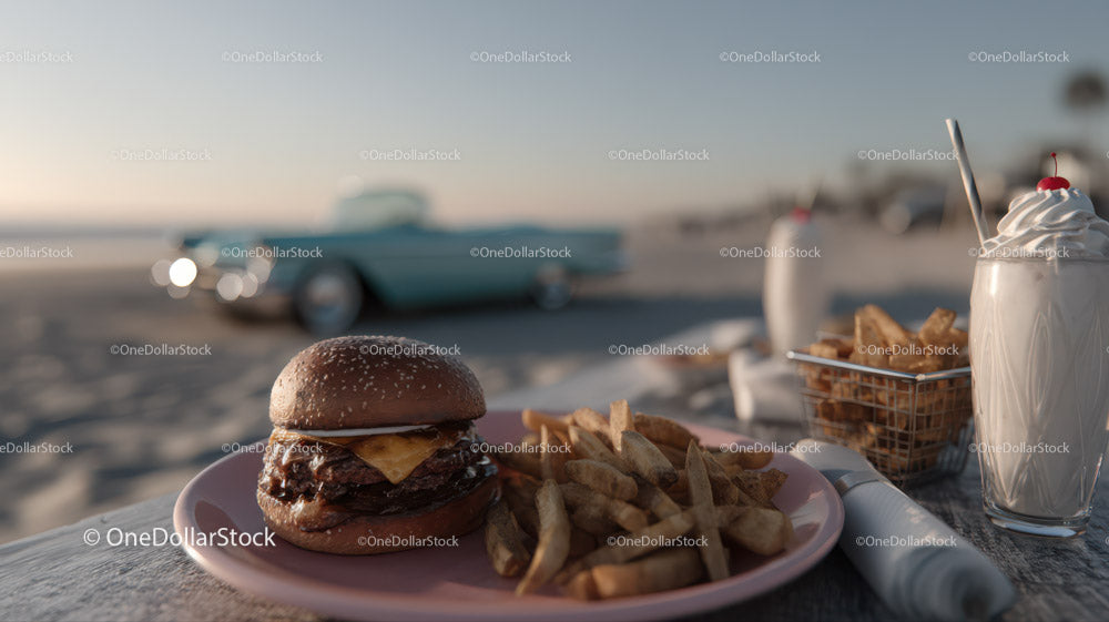 Beachside Cheeseburger with Fries and Milkshake in Seaside Setting