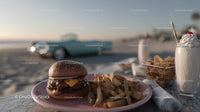 Beachside Cheeseburger with Fries and Milkshake in Seaside Setting