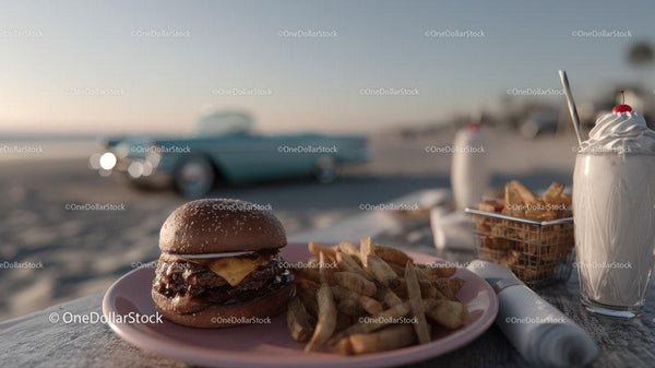 Serowy burger z frytkami i shake'm waniliowym nad morzem