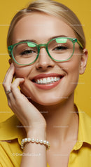 Smiling woman wearing green glasses and yellow shirt