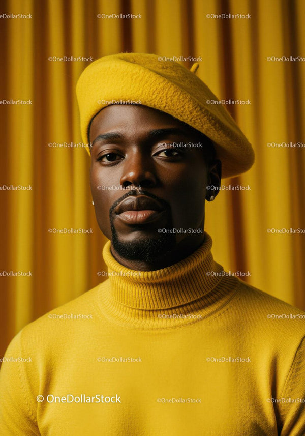 Stylish man wearing yellow beret and turtleneck sweater