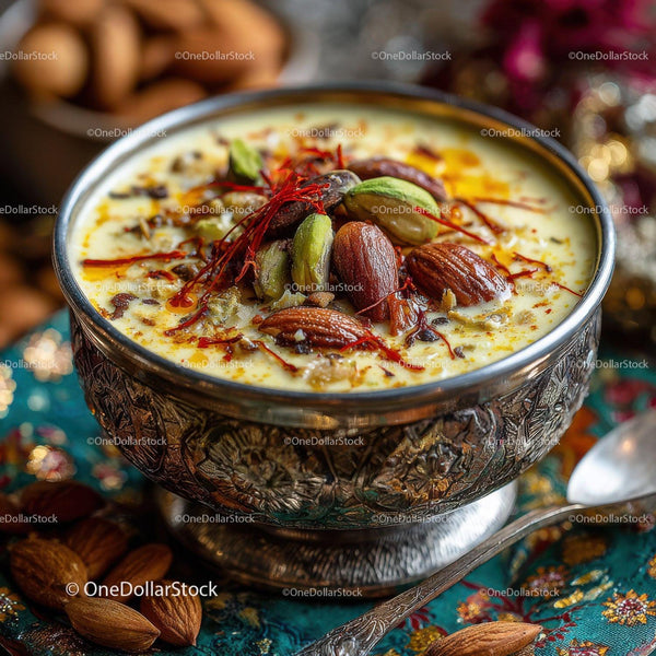 Saffron and Nut Indian Dessert in Decorative Metal Bowl