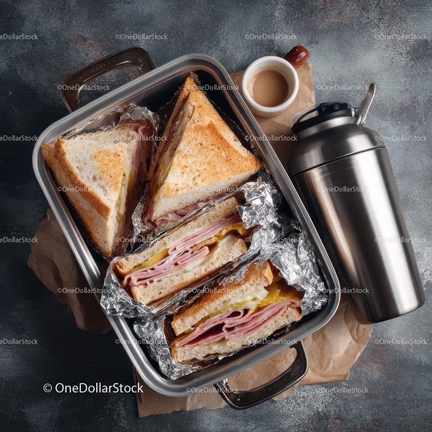 Sandwiches with Ham and Cheese with Coffee and Thermos in Storage Container