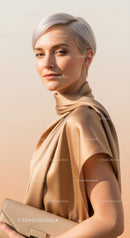 Elegant Woman with Short Blonde Hair Wearing a Beige Silk Scarf and Clutch
