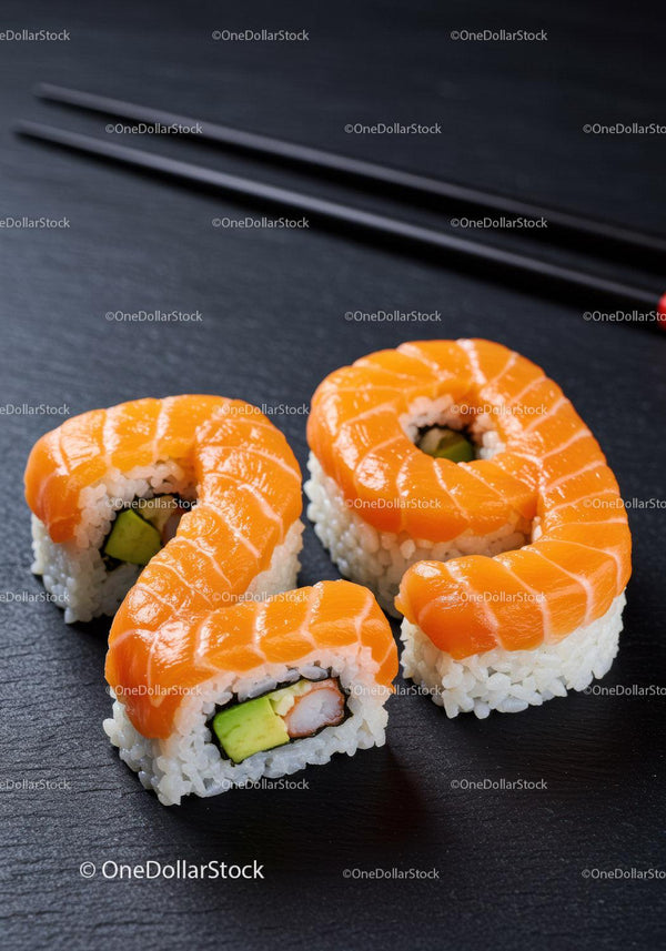 Number two shaped salmon sushi rolls with chopsticks