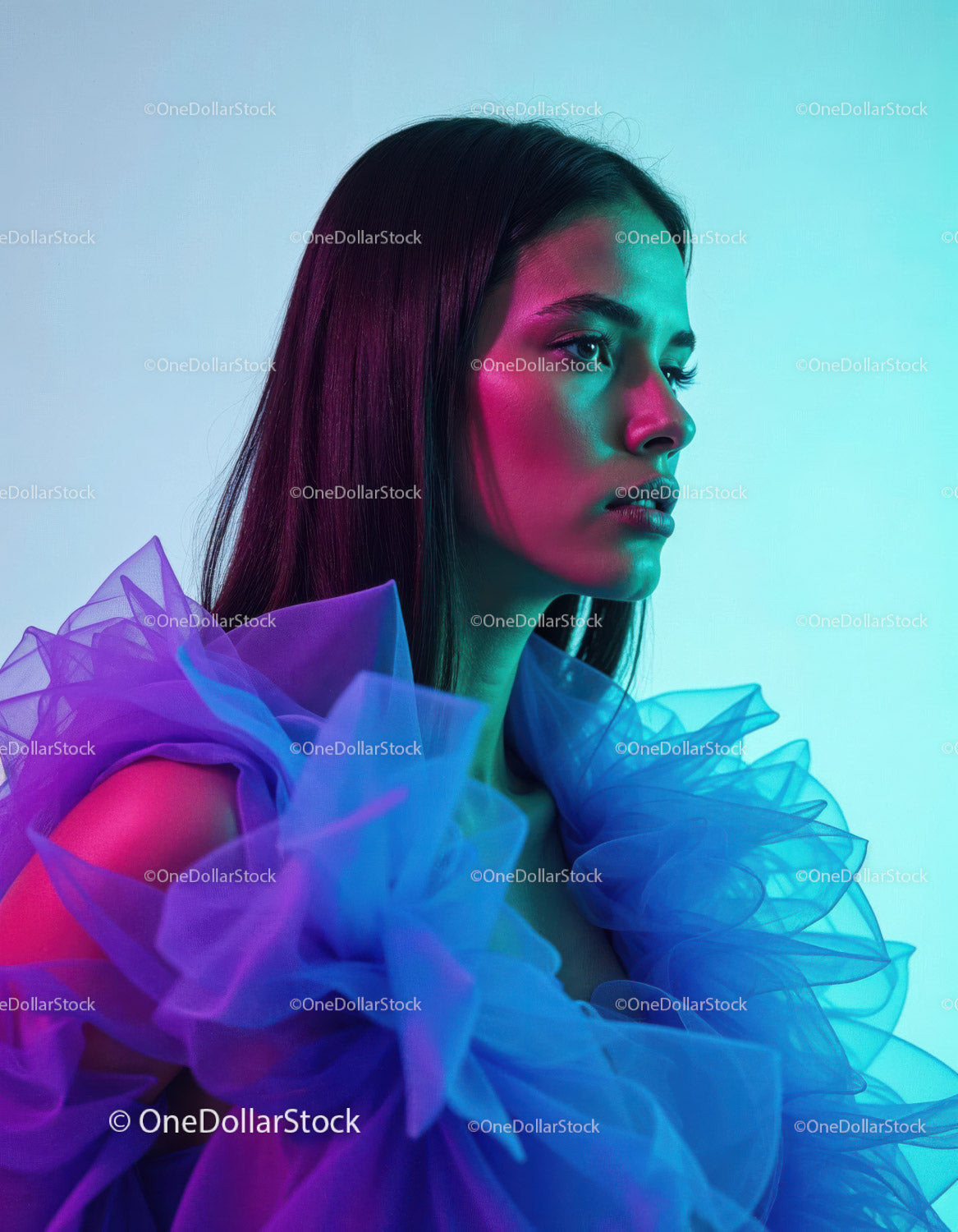 Vibrant Neon Portrait of Fashion Model with Colorful Tulle