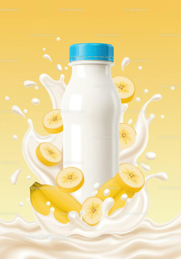 Banana smoothie bottle with splashing milk splash JPG Mockup Image