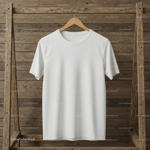 Plain white t-shirt hanging on wooden hanger JPG Mockup Image
