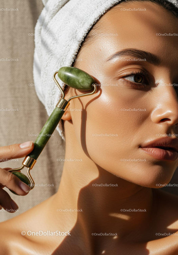 Young Woman Using Jade Roller for Skincare Treatment Close-Up
