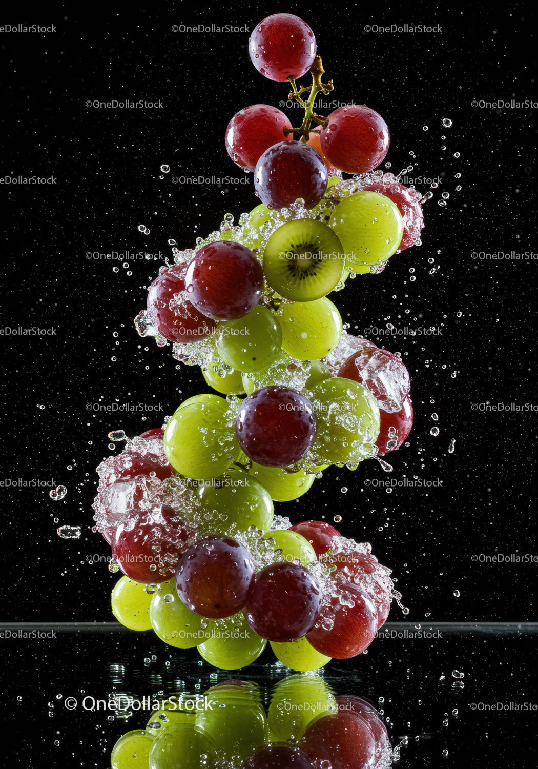 Fresh grapes and kiwi splashing in water with reflection