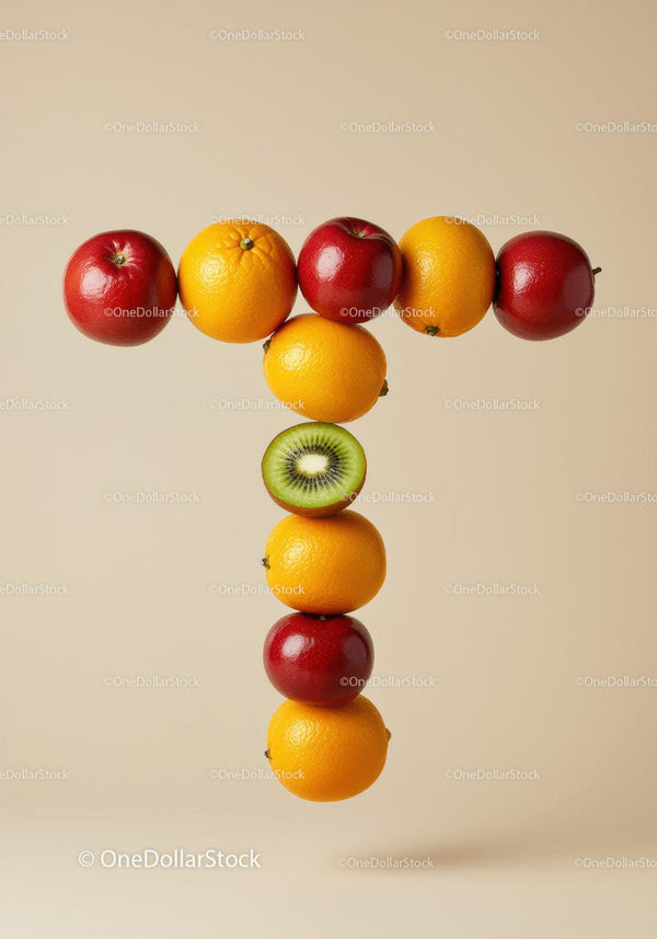 Creative arrangement of fresh fruits forming T letter