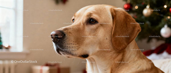 Zamyślony Labrador Retriever przy Świątecznej Choince