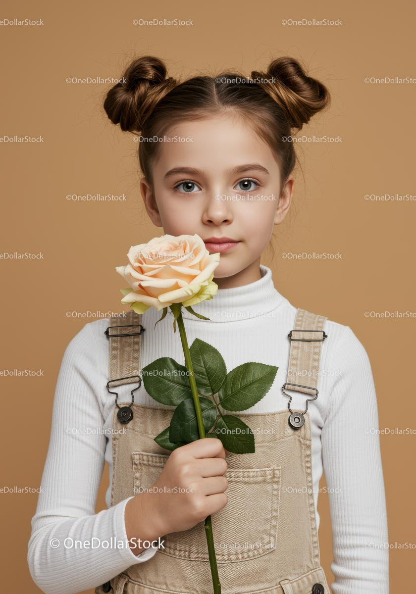 Young Girl with Pale Peach Rose Portrait on Soft Beige Background