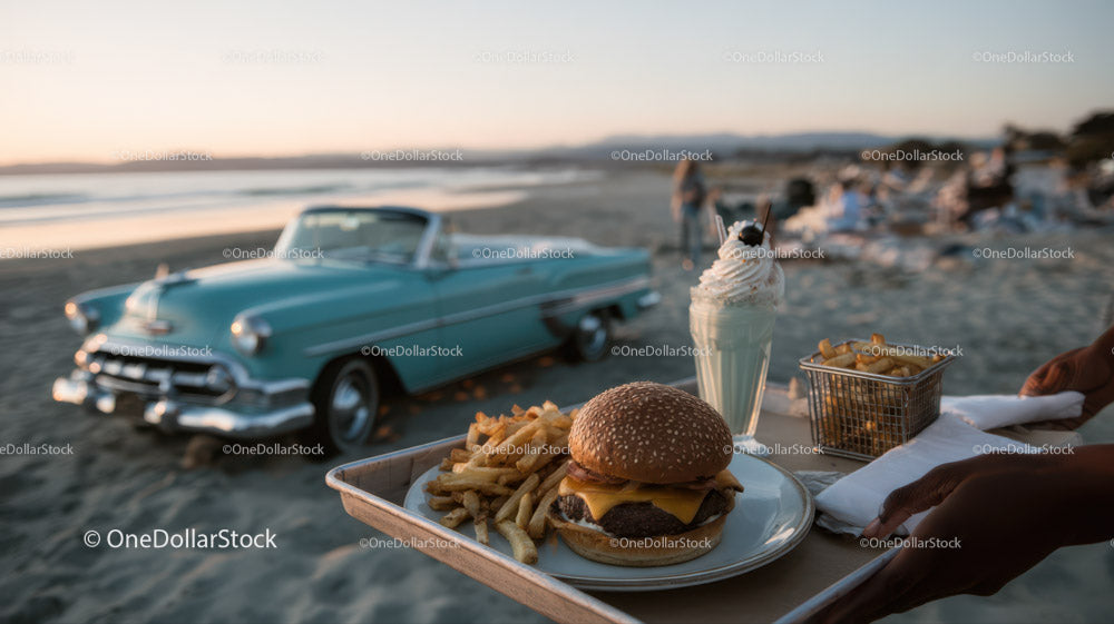 Vintage Car and Beachside Meal with Milkshake and Hamburger at Sunset