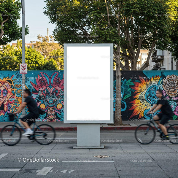 Urban cyclists passing vivid mural by blank billboard JPG Mockup Image