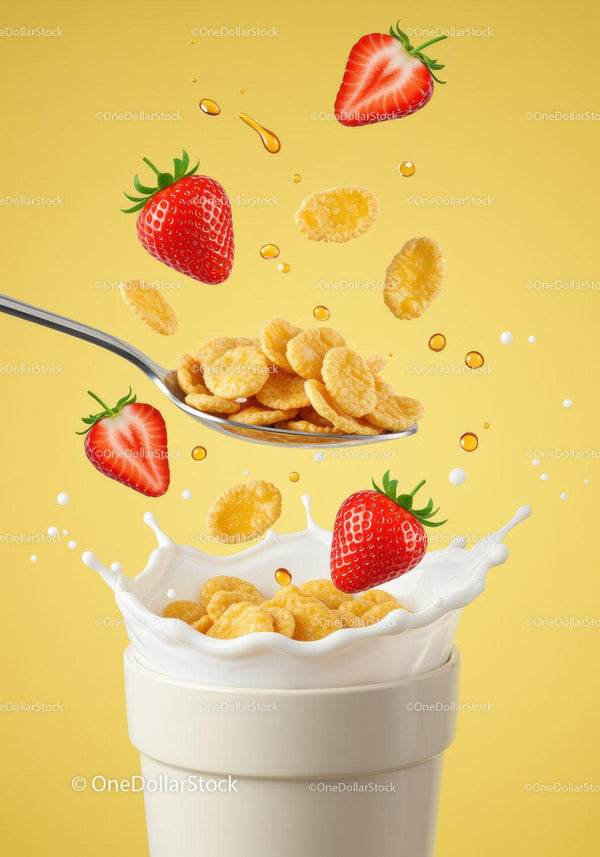 Cornflakes and strawberries splashing into milk cup