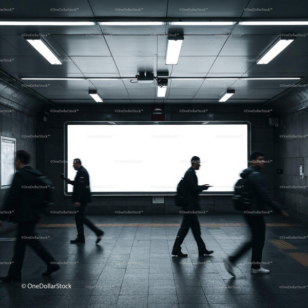 Commuters walking past blank digital billboard underground JPG Mockup Image