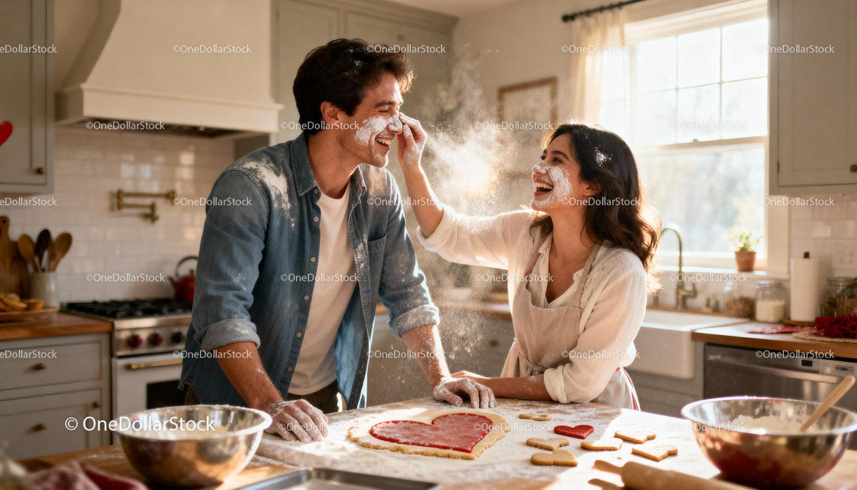 Couple Playfully Baking Heart-Shaped Cookies in Kitchen